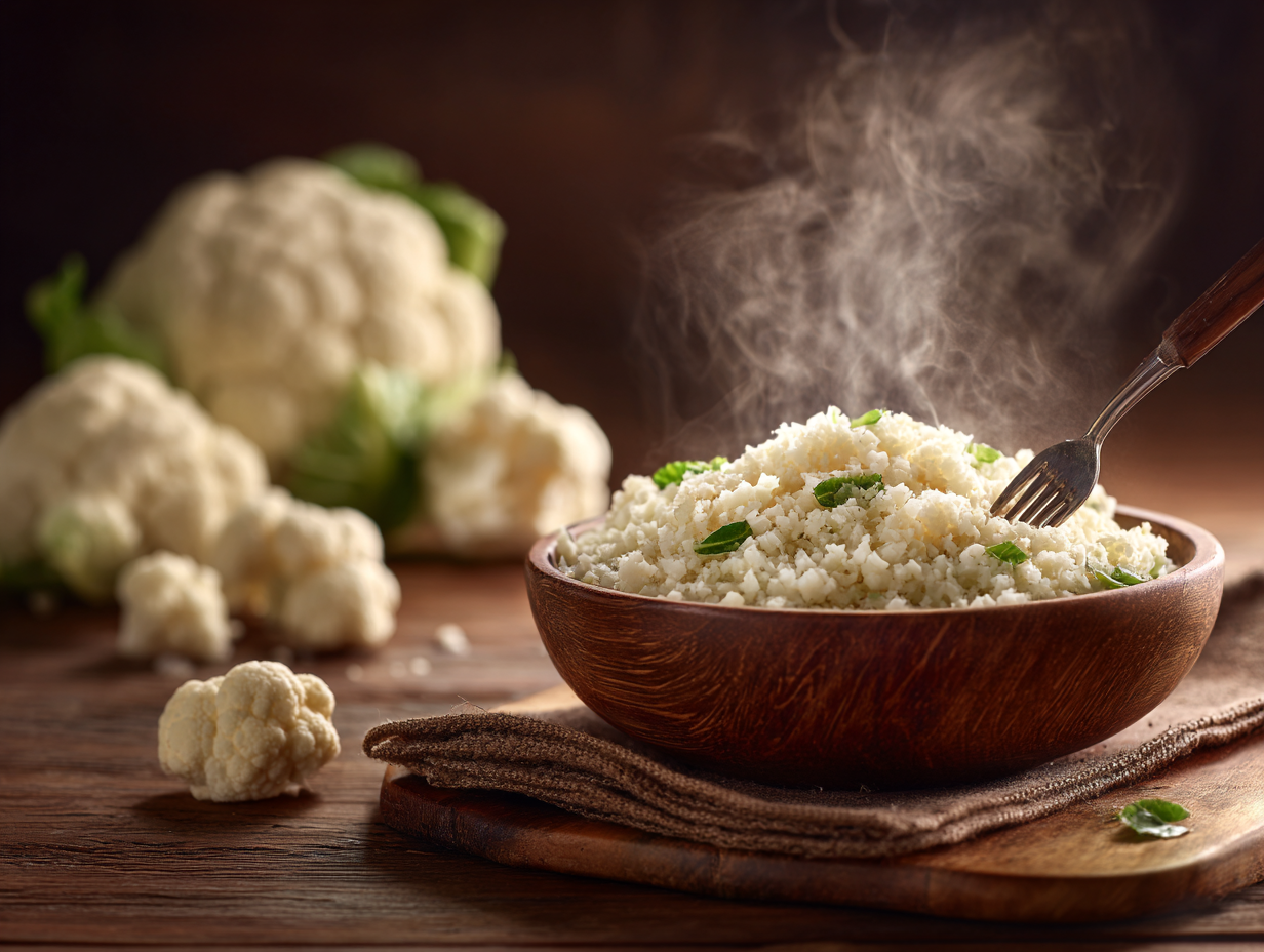 나무 그릇에 담긴 갓 조리한 콜리플라워 라이스