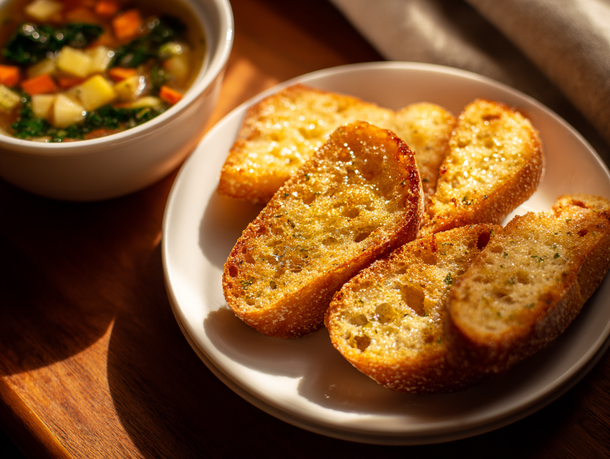 채소 수프와 곁들이는 마늘빵, 5분 만에 완성한 건강 간식