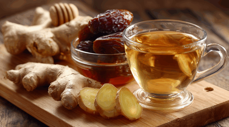 생강차 효능을 위한 신선한 생강 뿌리와 꿀, 대추가 함께 놓인 주방 상차림