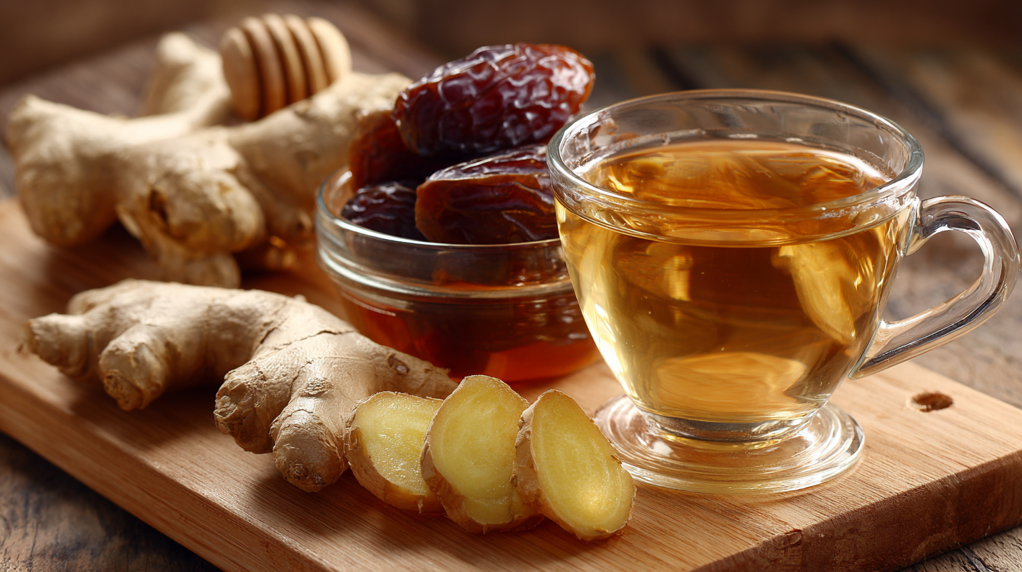 생강차 효능을 위한 신선한 생강 뿌리와 꿀, 대추가 함께 놓인 주방 상차림