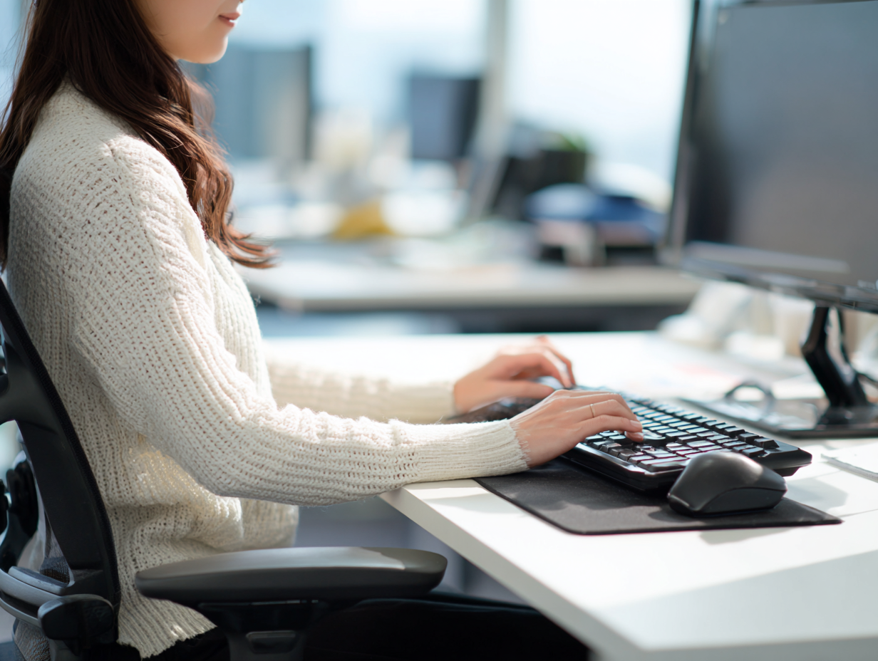 인체공학적 책상 환경에서 손목 운동을 하는 모습