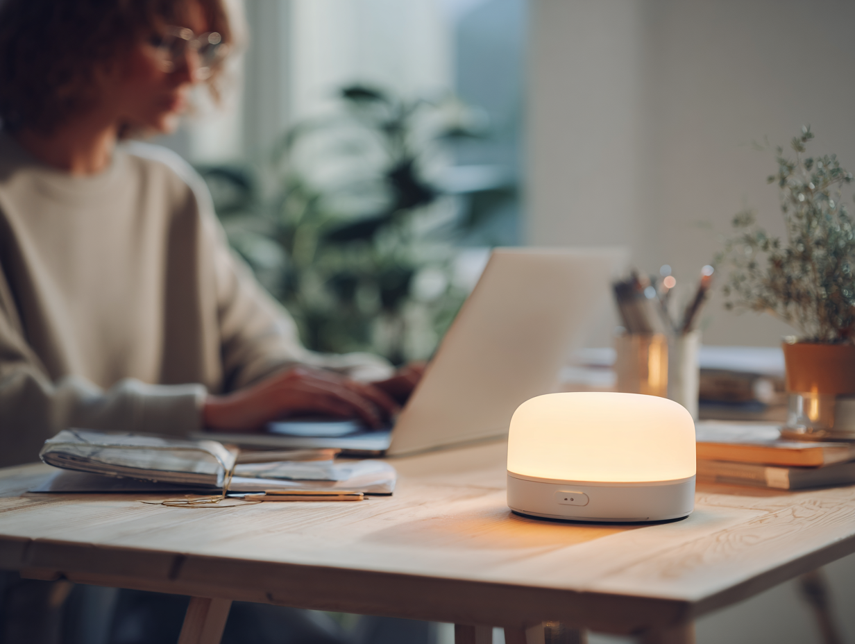 빛 치료기를 사용하는 현대적인 홈 오피스 환경