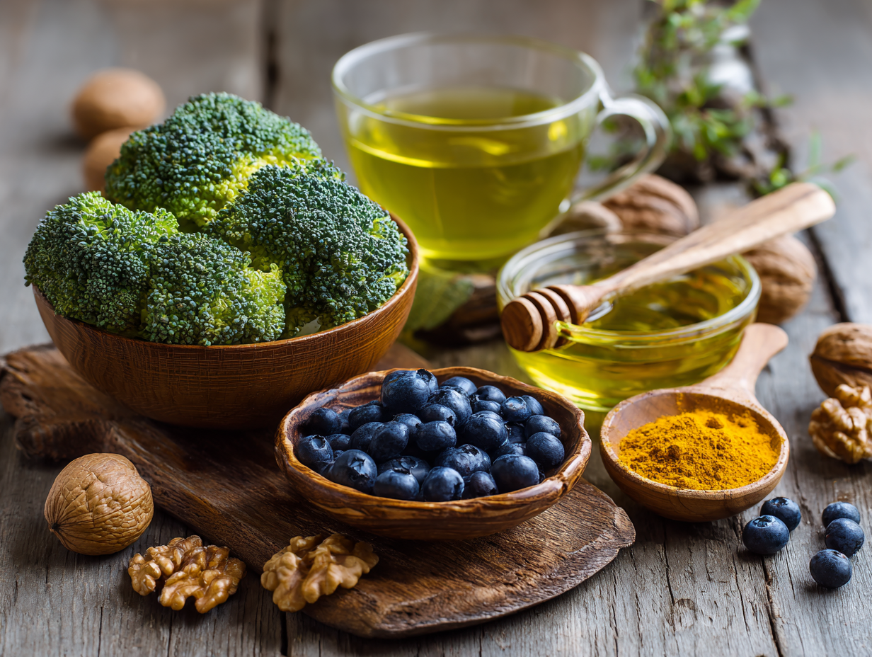 간 건강에 좋은 음식 브로콜리 블루베리 녹차 호두 강황 올리브유