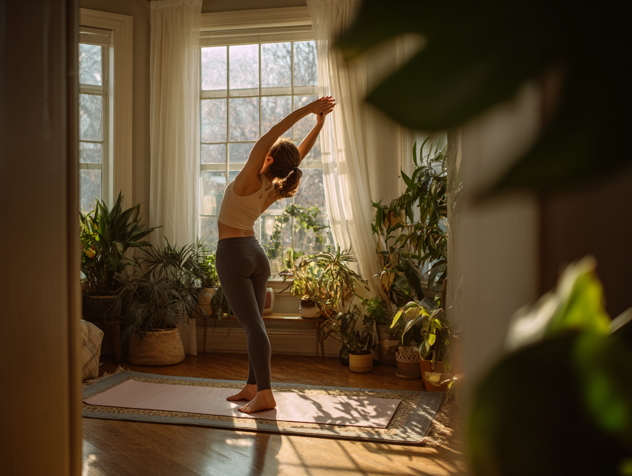 아침 운동 루틴, 창가에서 스트레칭하는 모습