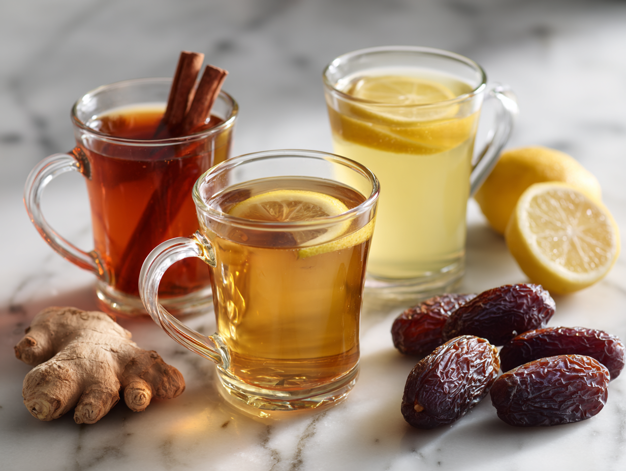 세 가지 생강차 레시피가 담긴 유리컵들