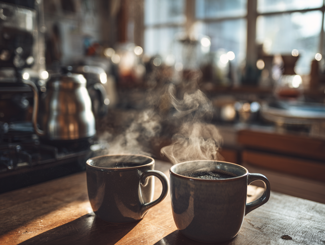 갓 내린 디카페인 커피 두 잔과 커피 추출 도구