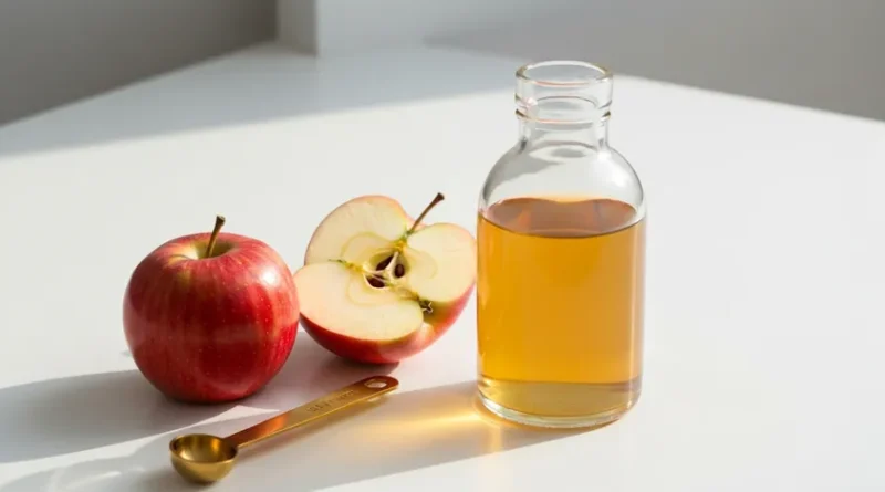 사과식초(애플사이다비네거) 병과 신선한 사과, 건강 음료 컨셉