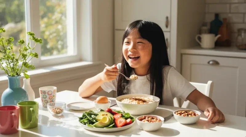 공복혈당을 낮추는 건강한 아침 식사 — 귀리죽, 달걀, 채소가 담긴 아침 식사