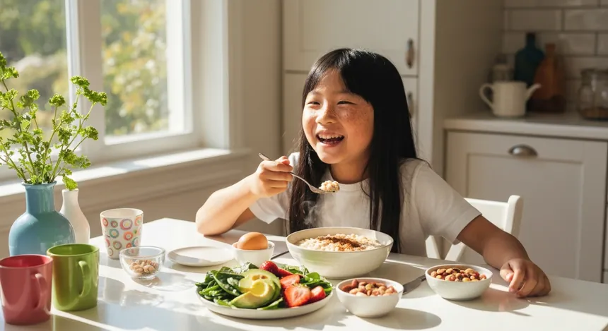 공복혈당을 낮추는 건강한 아침 식사 — 귀리죽, 달걀, 채소가 담긴 아침 식사