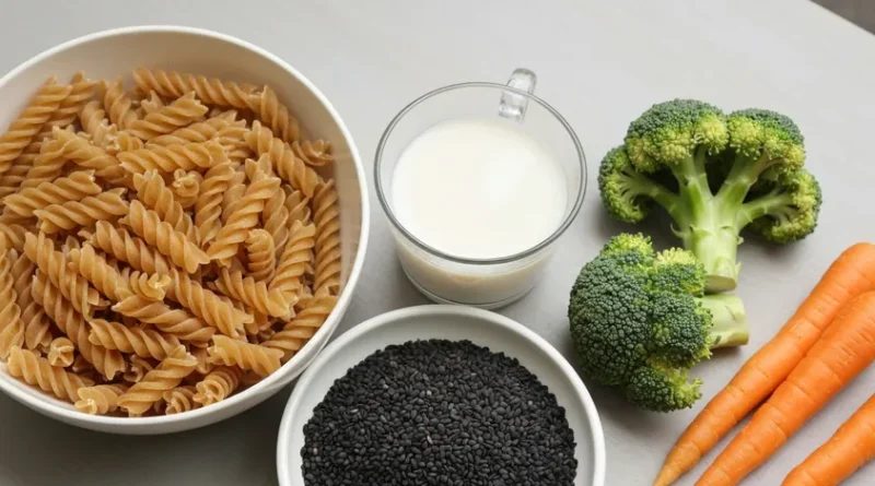 칼슘 많은 음식 플랫레이 — 요거트 우유 두부 정어리 청경채 케일 참깨 치즈 강화두유