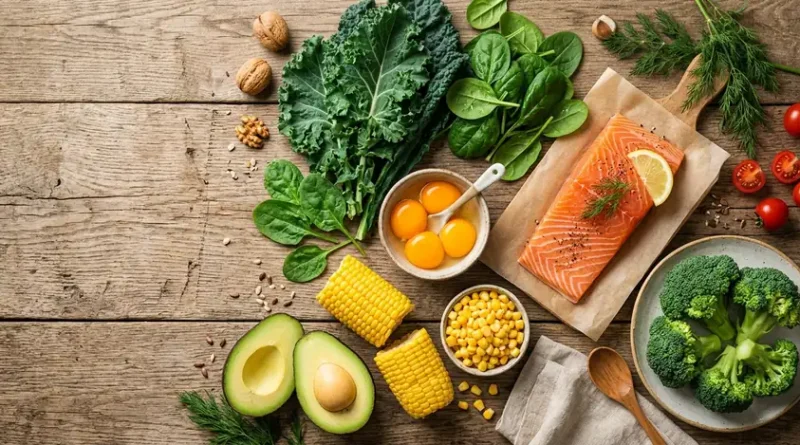 눈 건강에 좋은 루테인 풍부한 음식 — 케일, 시금치, 계란, 브로콜리, 연어