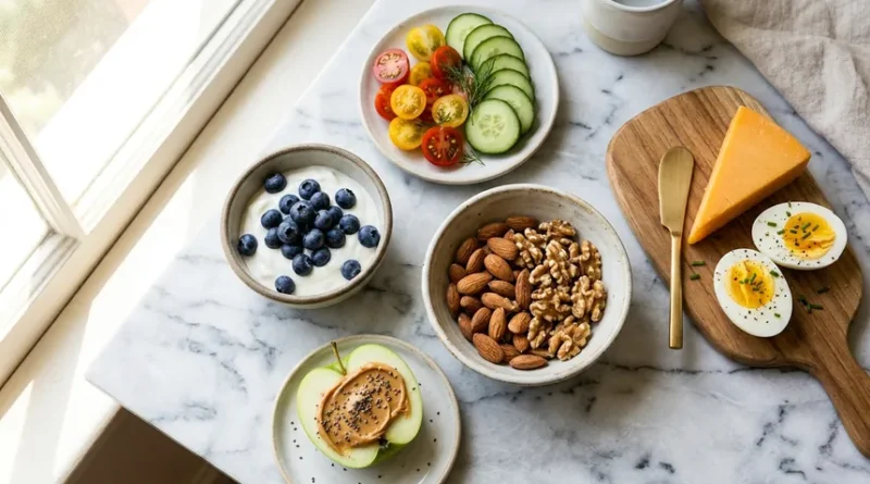 당뇨에 좋은 간식 7가지가 밝은 대리석 위에 보기 좋게 담긴 모습