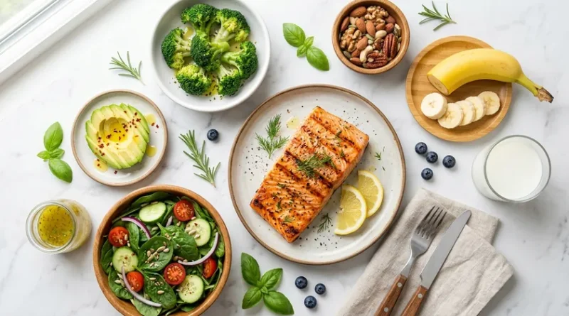 고혈압에 좋은 저나트륨 식단 - 연어, 시금치, 바나나, 견과류가 놓인 건강한 식탁