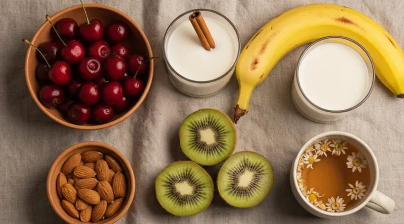 잠 잘 오는 음식 — 타트체리, 키위, 바나나, 따뜻한 우유, 아몬드, 캐모마일 차 플랫레이