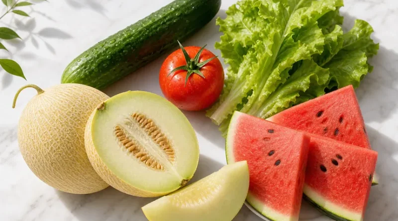 여름철 수분 보충 음식 5가지 — 오이, 토마토, 상추, 수박, 참외를 한 접시에 담은 모습