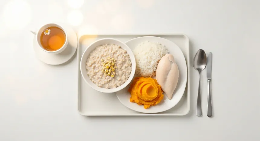 위궤양 식단 실전 - 오트밀, 쌀밥, 삶은 닭가슴살, 고구마, 카모마일 차