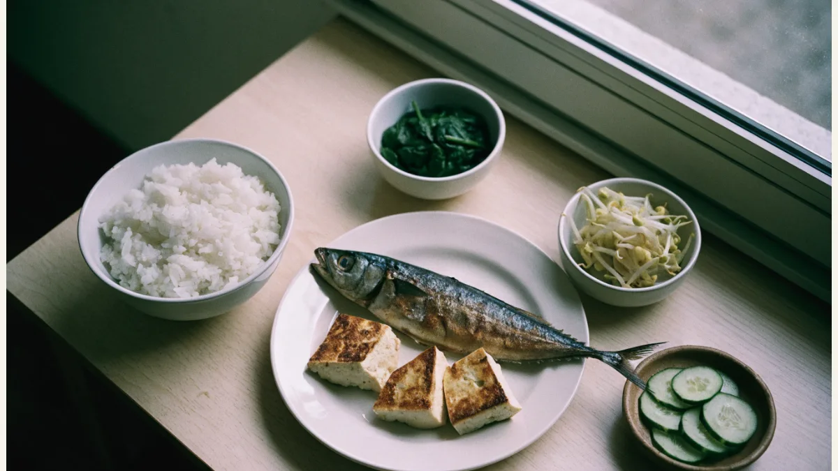 장보기 목록으로 차린 저녁 한 끼 예시. 밥, 구운 생선과 두부, 나물과 채소 반찬이 놓여 있어요.