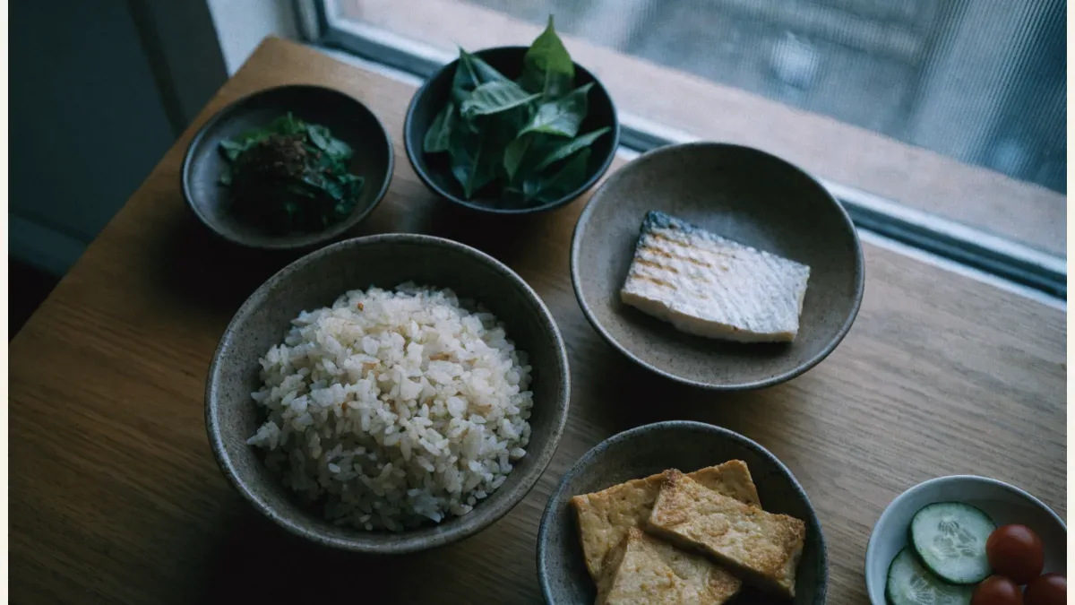 저녁 한 끼 구성 예시예요. 잡곡밥과 구운 생선, 부친 두부, 나물과 쌈채소, 오이와 방울토마토가 놓여 있어요.